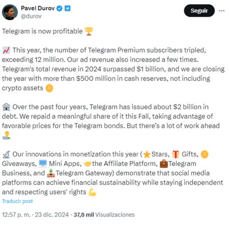 Pavel Durov announcing Telegram's profitability