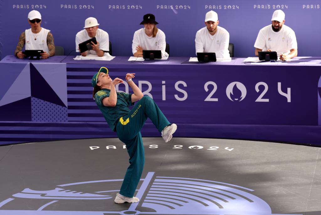 Rachael Gunn during her performance at the Olympics showcasing her unique dancing style