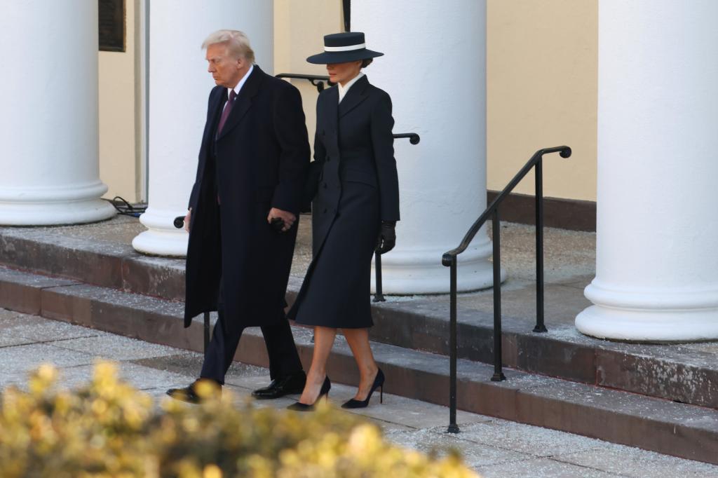 Close up of Melania Trump's elegant outfit with scarf